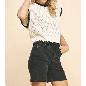 Pinch Crochet Sweater Top Beige Blue Women’s Small Preppy Capsule Layer Coastal
